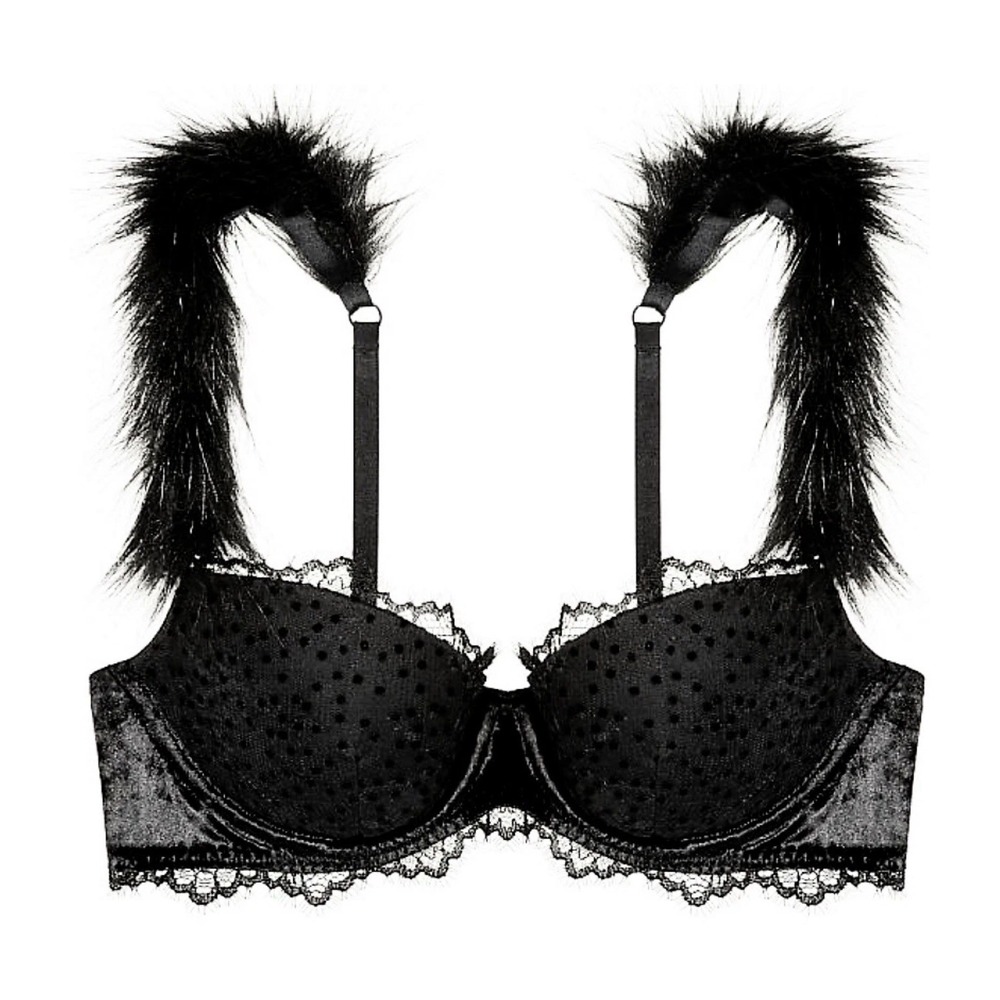 NWT Victoria's Secret Dream Angels Lined Demi Bra Sz 36DD Black Faux Fur Straps